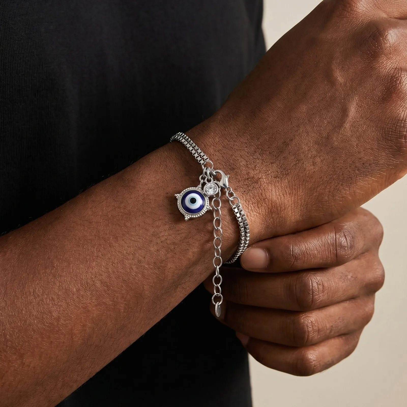 Hiphop Evil Eye Charms Kettenarmband für Männer und Jungen, 2-lagiges quadratisches Box-Kettenarmband, Edelstahl-Schmuckgeschenk – Detail 2