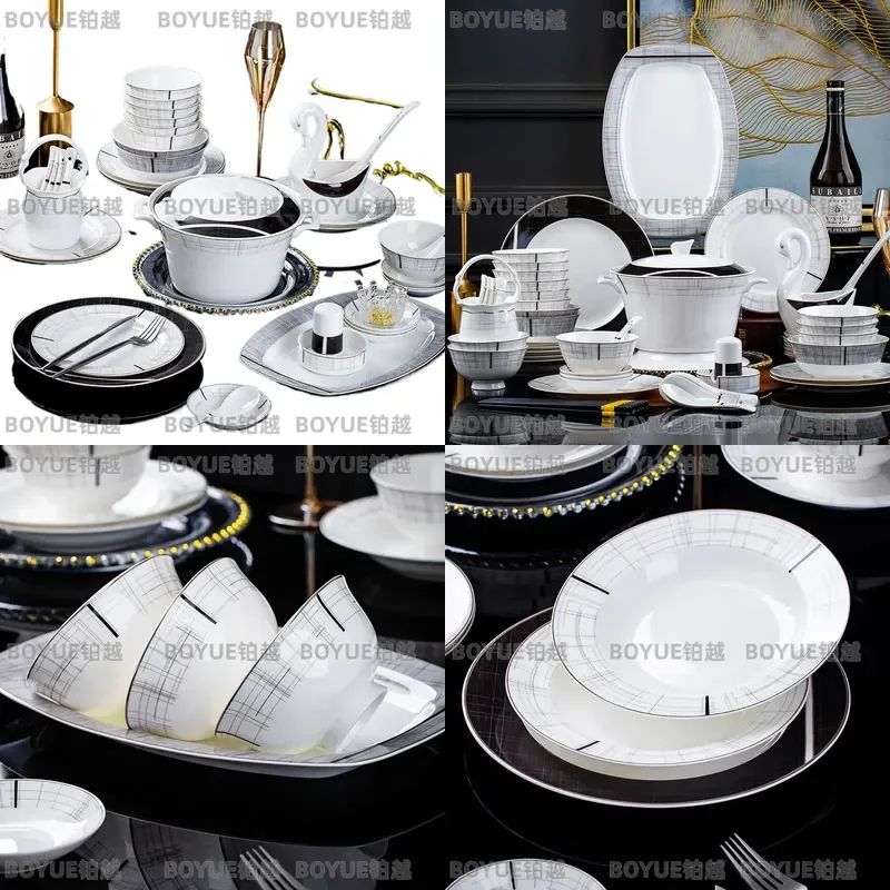 Nordic Bone China Dinnerware Set with Gold Black Line Elegant Ceramic Plates and Bowls for Home Dining Table Gift