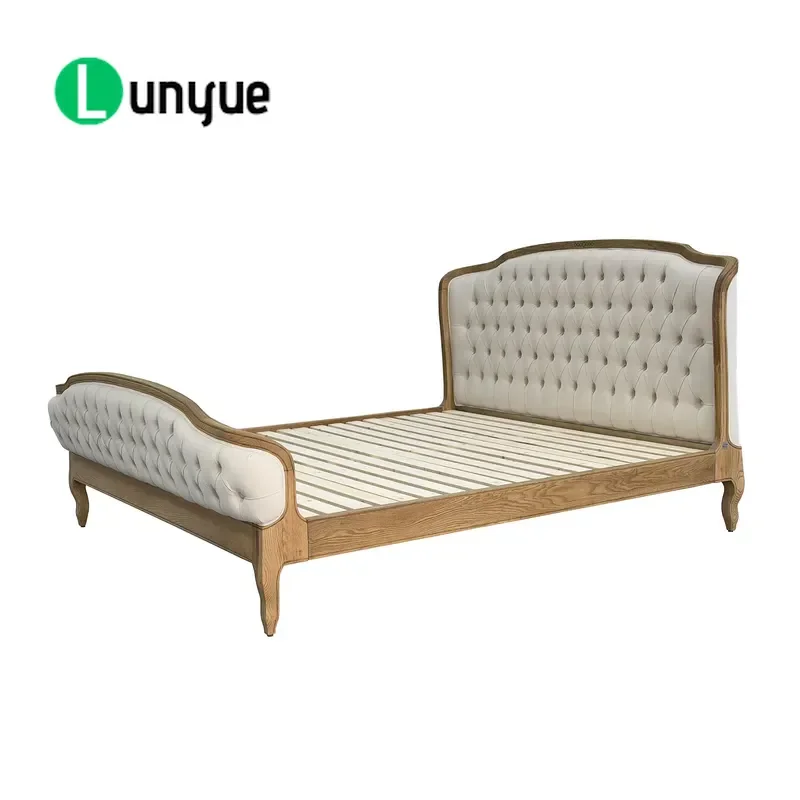 French Luxury Tufted Upholstered Headboard High Foot Bed Solid Ash Wood Double Size Bedroom Furniture Elegant Design