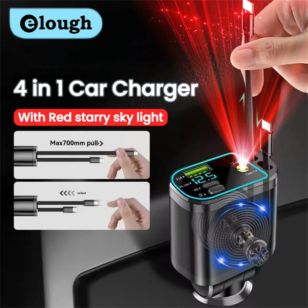 

Автомобильное зарядное устройство Elough с цифровым дисплеем, выдвижное автомобильное зарядное устройство, кабель USB типа C для IPhone, Huawei, зарядный шнур, прикуриватель