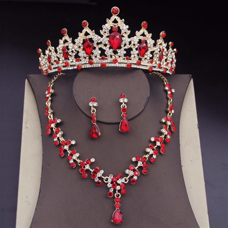 Red Crystal Bridal Jewelry Sets for Women Wedding Dress Tiaras Crown Earrings Necklace Costume Jewelry Set Bride Accessories