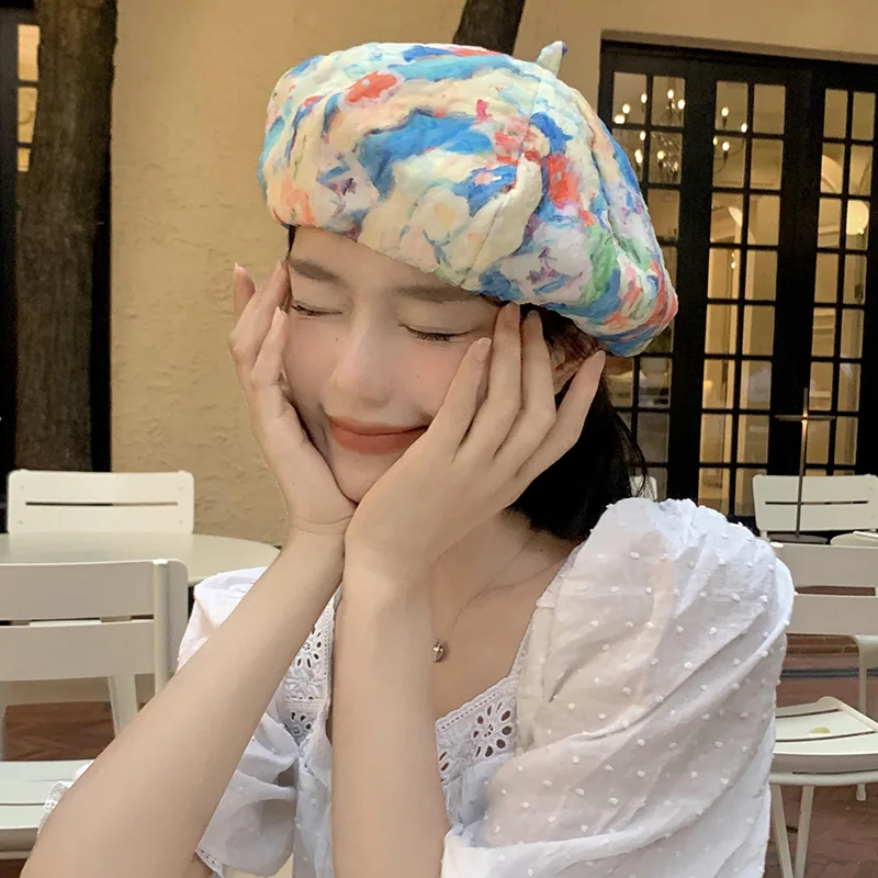 Tie Dye Floral Berets French Designer Silk Artist Hat for Women Spring Autumn Vintage Girls Painter Hats Beret Femme Cap 2023