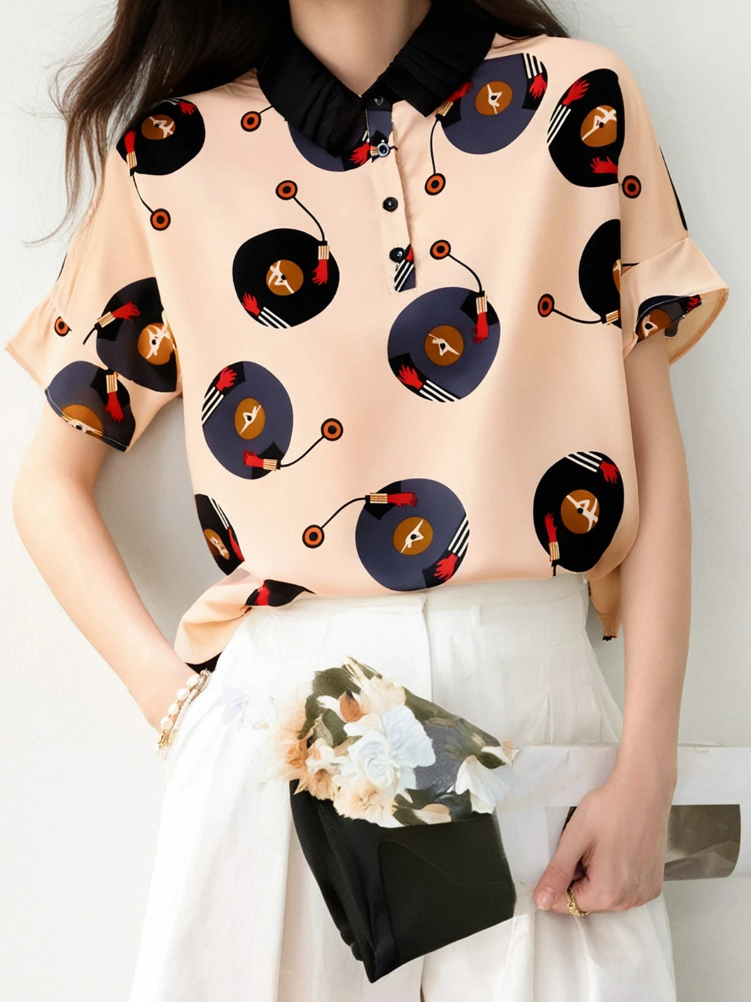 New Women's Vinyl Record Print Ruffled Sleeve Retro Shirt T-Shirt Korean Style Lapel Color Block Loose Casual Short Sleeve Top