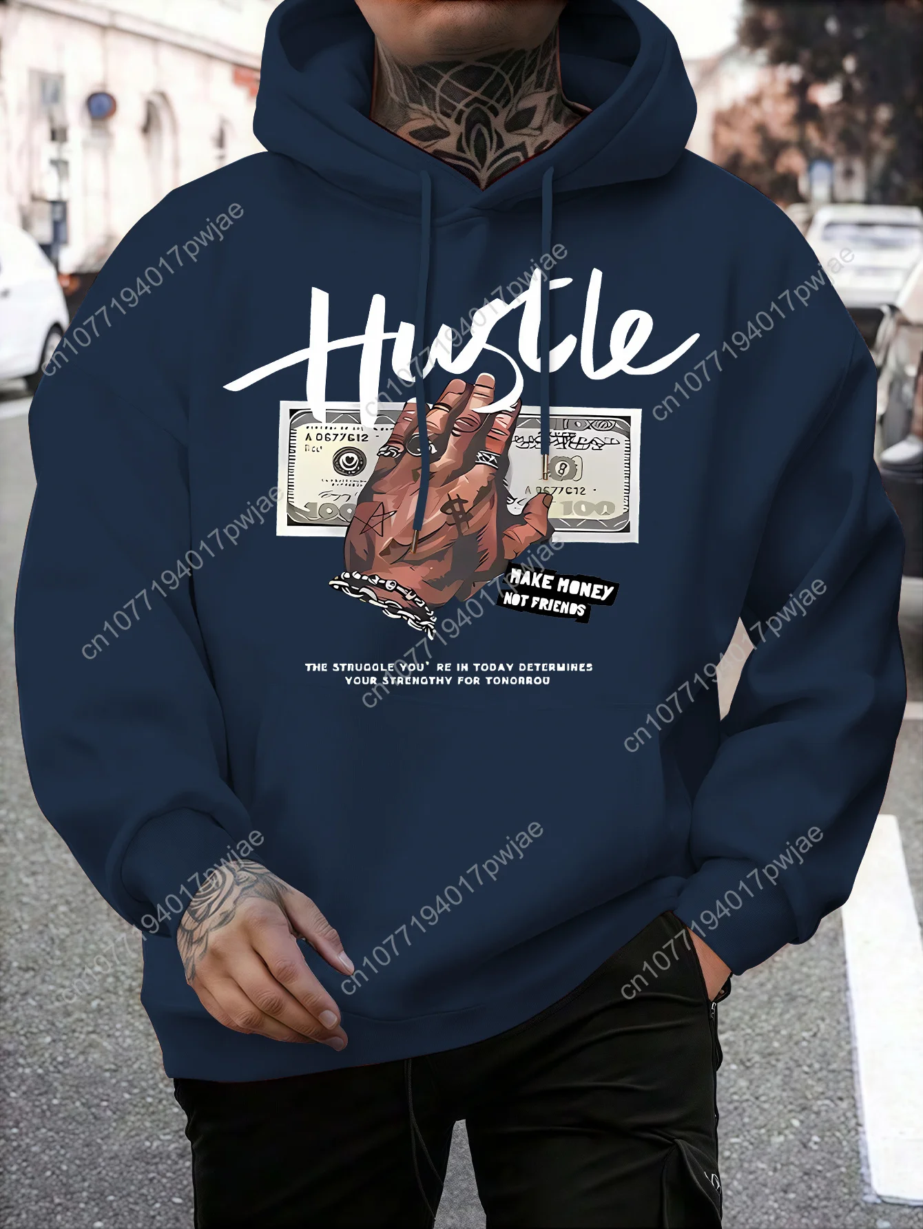 [Sudadera com capuz Hustle elegante] Moletom com capuz gráfico "Hustle" masculino estiloso |   Pulôver preto com nota de dólar e estampa manual, roupa de inverno quente
