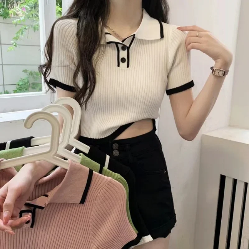 Contrast Color Polo Collar Shoulder Knitted Short Sleeves T-shirt Women's Summer Slim-Fitting Design Sense Niche Short Tops