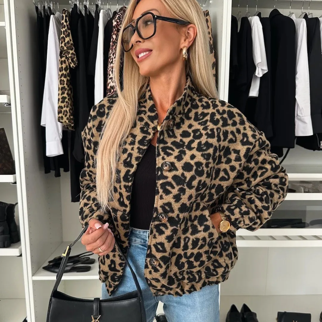 

2025 Winter Autumn American Retro Girl Leopard Print Jacket Women New Loose Casual Jacket