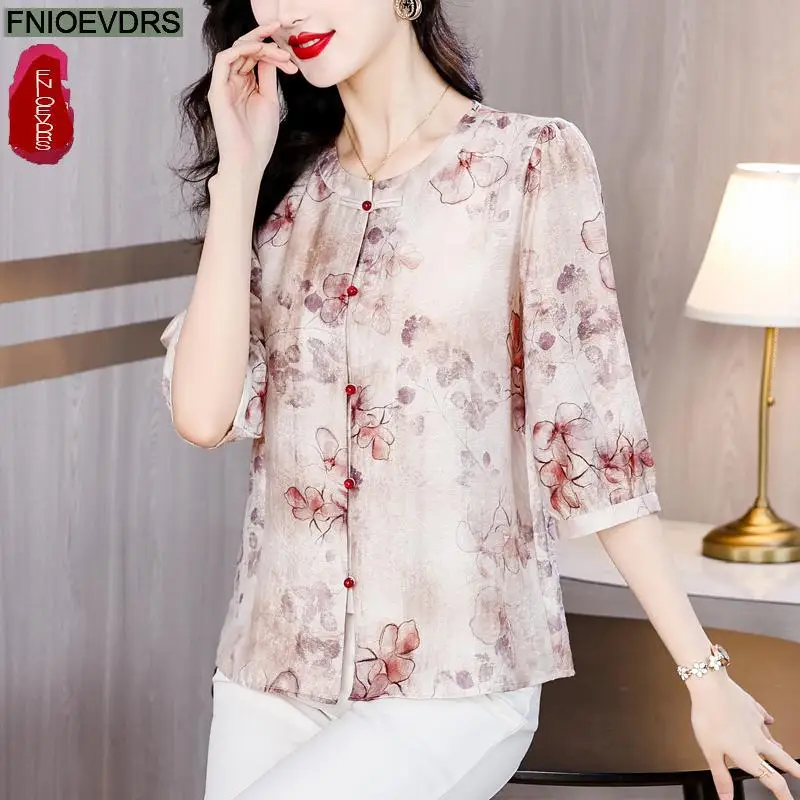 M-4XL Loose Clothes 2024 Summer Retro Vintage Tops Short Sleeve Women Elegant Print Button Shirts Blouses