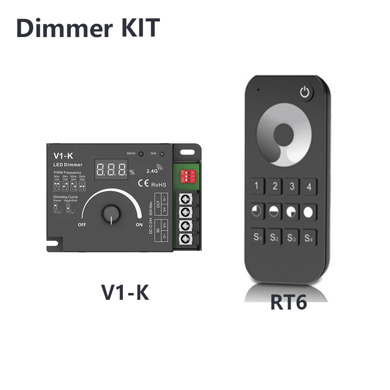 V1-K DC 12-48V 20A PWM Wireless LED Dimmer Controller Switch 2.4G RF Touch Remote for Single Color COB 5050 3528 Dimming Lights