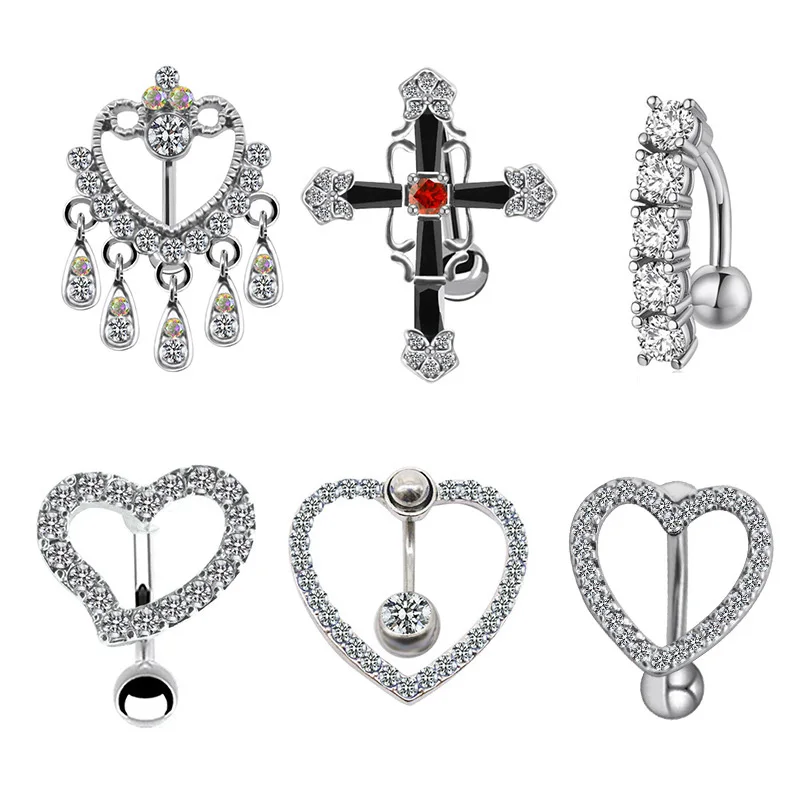 Love Tassel Cross Zircon Navel Ring Stainless Steel Inverted Dangle Navel Piercing Ring Heart Belly Ring Body Piercing Jewelry