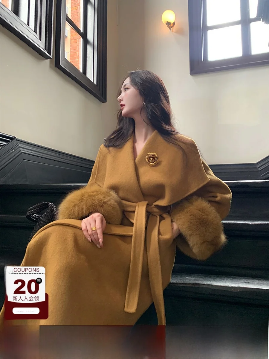 

Женское двустороннее шерстяное пальто с меховыми манжетами, поясом, большим воротником, зимняя модная верхняя одежда в винтажном стиле, с длинными рукавами