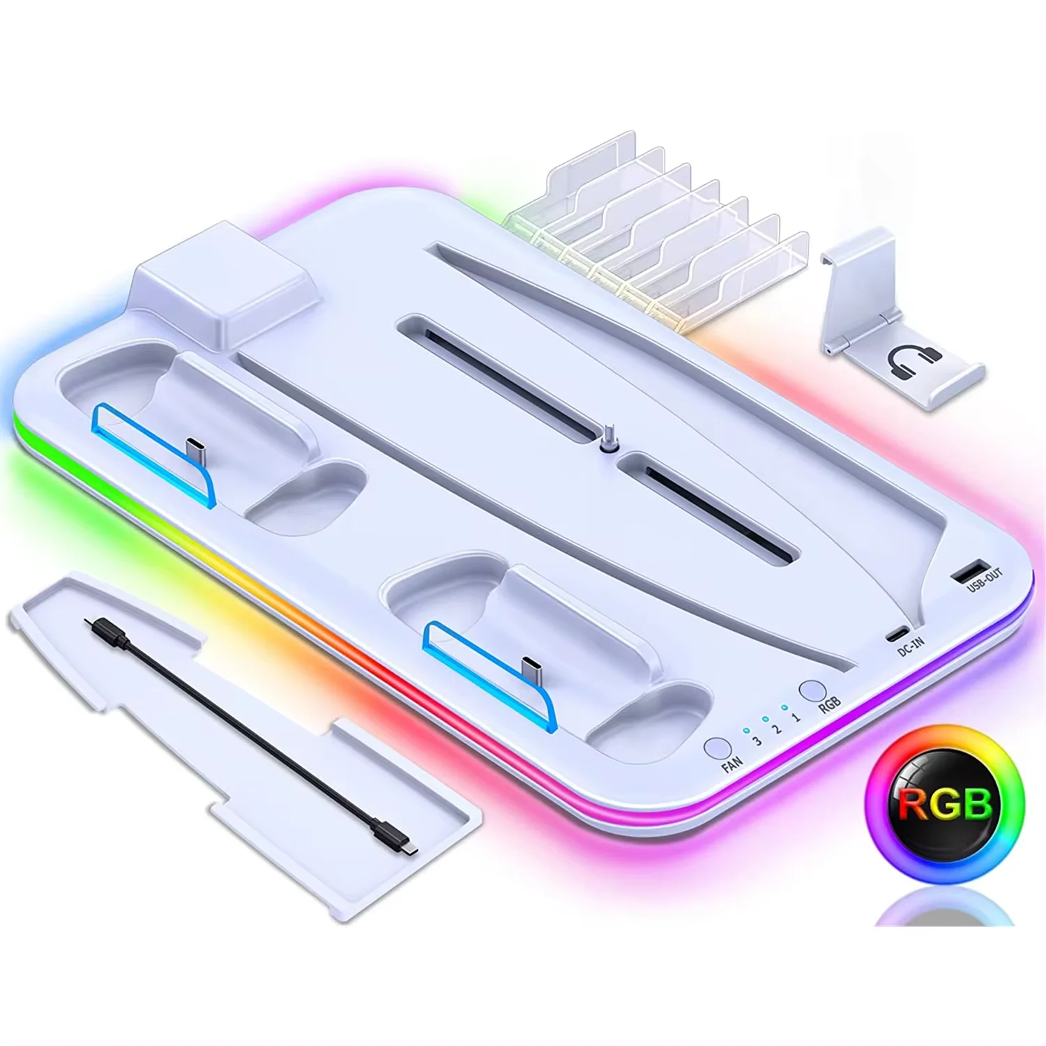 STORM WYRM Cooling & Charging Station พร้อมคอนโทรลเลอร์สําหรับ Playsation 5 ดิจิตอล/แผ่นดิสก์, RGB Light, ชุดหูฟัง STK-DZ501