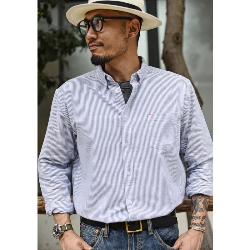 Saucezhan Men Shirts Stripe Shirt for Man Long Sleeve Oxford Cotton Pockets Regular Fit