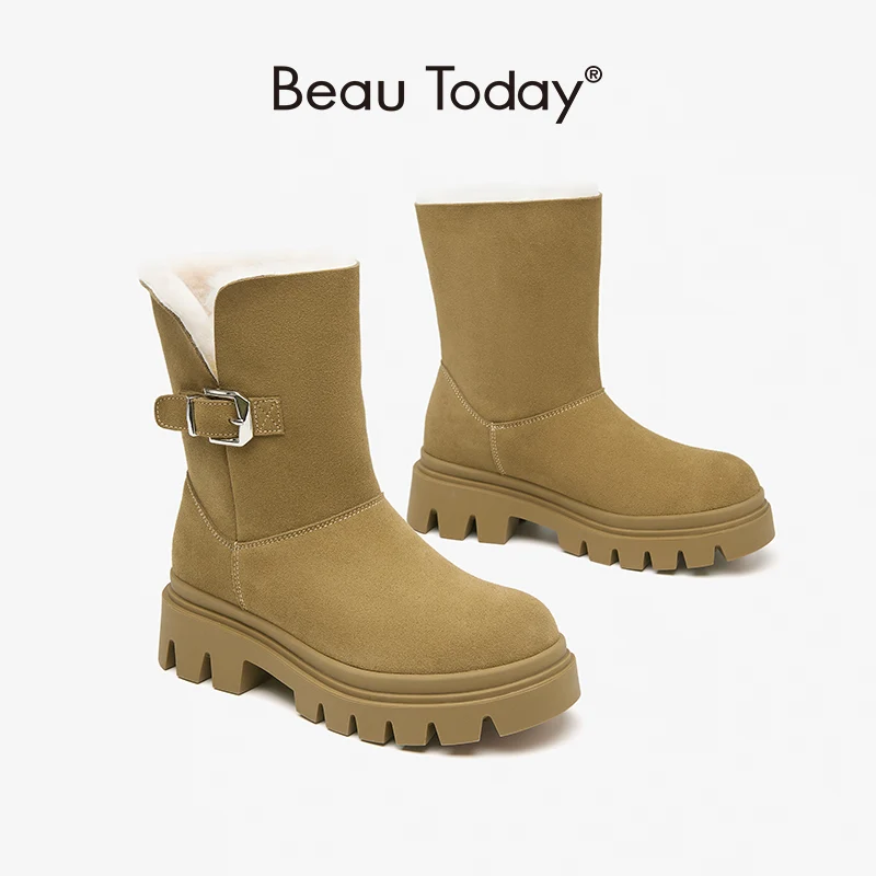 BeauToday Snow Boots Women Cow Suede Warm Fur Round Toe Slip On Winter Thick Sole Side Buckle for Ladies Shoes Handmade 08037