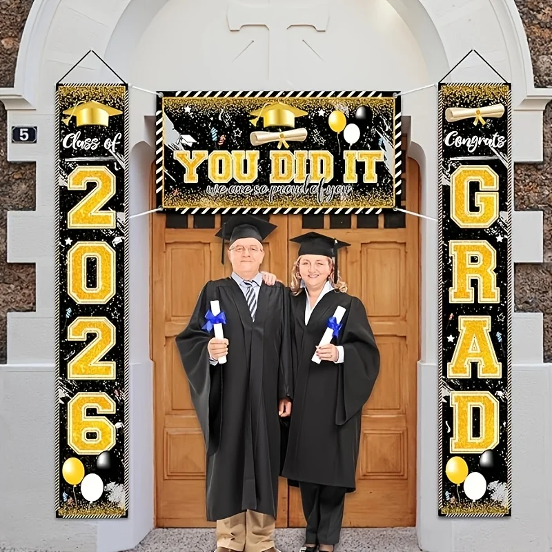2D 3Pcs 2026 Graduation Banners, Black Gold/Blue/Pink Congrats Grad Porch Signs for High School University Party Decor