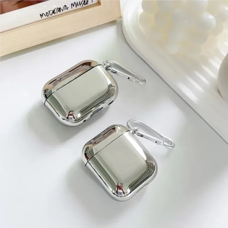 Casing Earphone Electroplate untuk Airpods 4 1 2 3, penutup pelindung untuk Apple untuk Airpods Pro 2 casing logam perak dengan kotak gantungan kunci