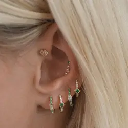 Set Of 4 Pieces Red Blue Green Cubic Zirconia Paved Gold Color Mini Small Multi Piercing CZ Hoop Earring