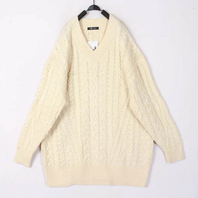 

Винтажный осенне-зимний белый вязаный шерстяной свитер с V-образным вырезом, длинными рукавами, теплый, свободного кроя, в стиле кардигана, с узором «боб» и 3D-вязкой крючком