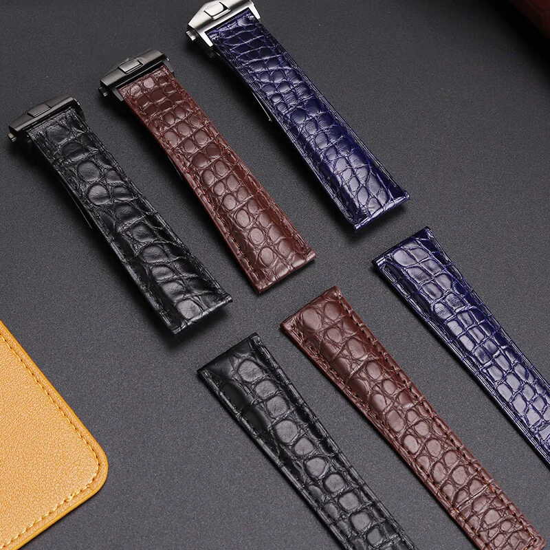 Black Brown Blue crocodile skin Folding Buckle Strap for TAG Heuer Watchband Kalela Heritage Monaco cowhide Bottom Strap 20/22mm