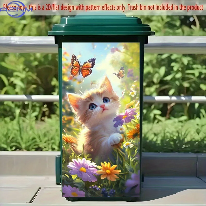 1pc of Trash Can Sticker, 37×82 Cm, Featuring a Theme Design of a Kitten Chasing Butterflies in a Flower Field. Self-Adhesive