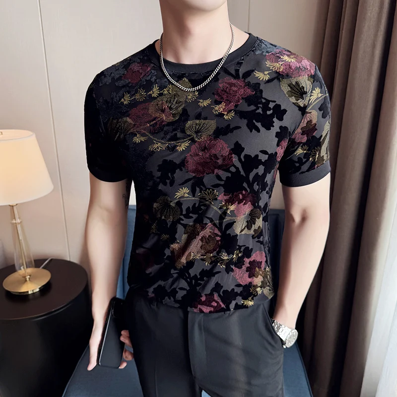 Sexy Mesh Hollowed Out See Through T-shirt Men Summer Short Sleeve Jacquard T-shirts Round Neck Casual Social Street Wear Tee
