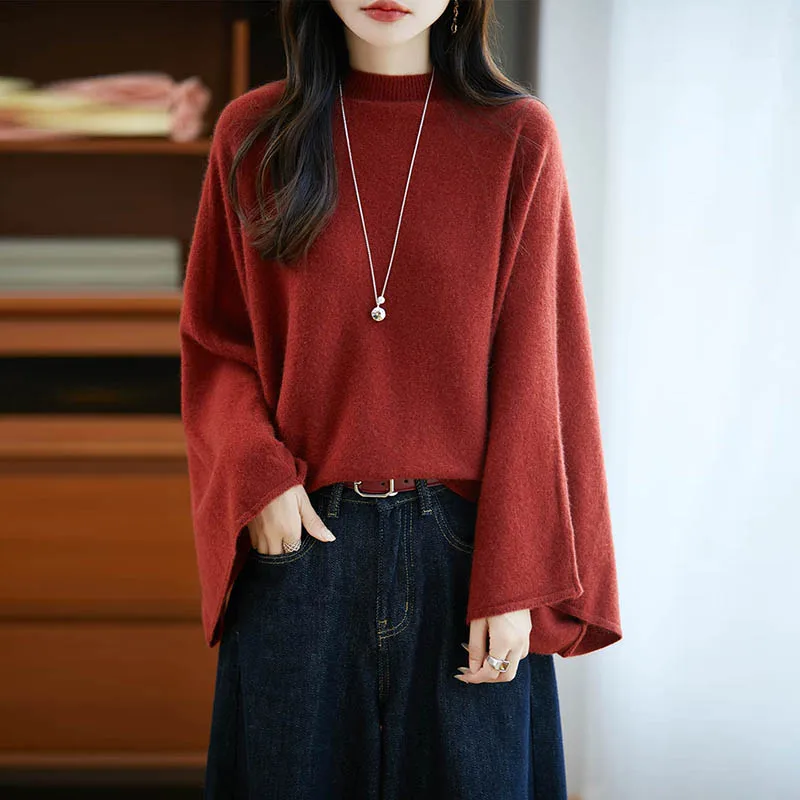

Fall/Winter New 100% Pure Wool Knitted Sweater Women's Semi-high Neck Loose Cashmere With Sleeves
