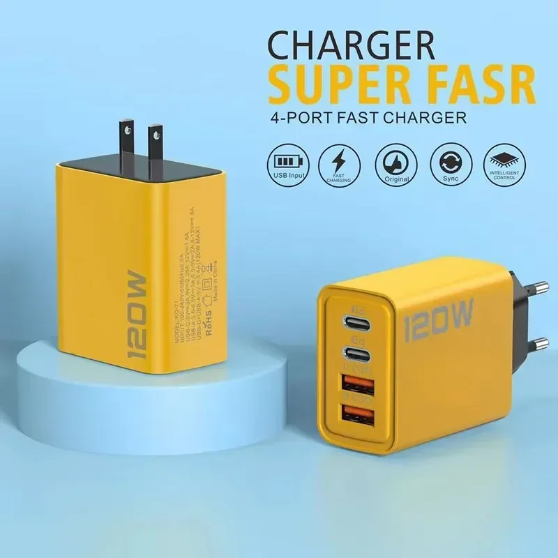 4 Port 120W USB C Fast Charger Station PD QC3.0 Wall Adapter Data Cable For iPhone Samsung Xiaomi Huawei EU US UK Plug Travel
