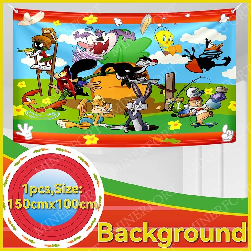 Fondo Temático de Looney Tunes con Personajes como Daffy Duck y Bugs Bunny para Decoración de Pared, Baby Shower y Cumpleaños