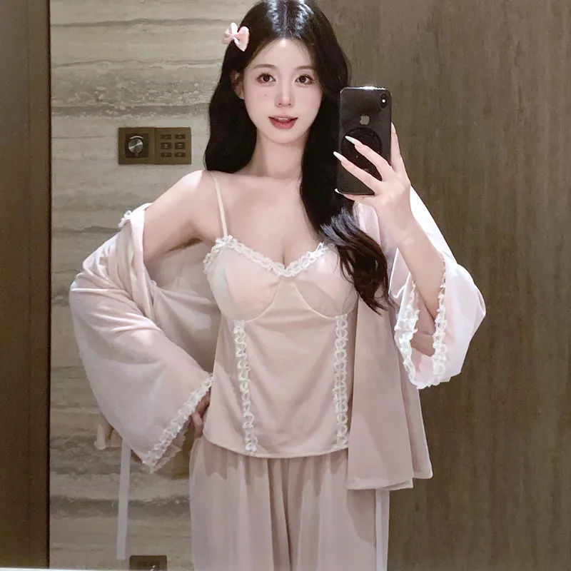 

Autumn Winter New Pajamas Chinese Style Gold Velvet Sleepwear Women's Set Sexy Suspender Three Piece Set Home Wear
