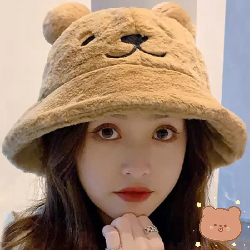 Cute Autumn Winter Leopard Fur Bucket Hat Bear Ear Ball Plush Fisherman Hat Soft Warm Thick Basin Hat Sun Protection Bucket Hats