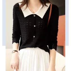 Women Autumn Winter Korean Fashion Button Solid Color Turn-down Collar Women Clothes Office Lady Knitting Slim Long Sleeve Card