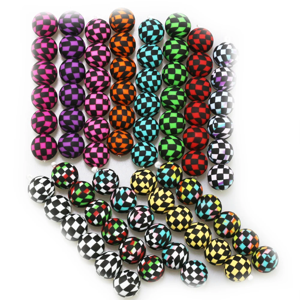 2024 New Products Colorful Checkered Print Silicone Beads 15MM Baby Round DIY Beaded Pen Chewing Toy Accessories