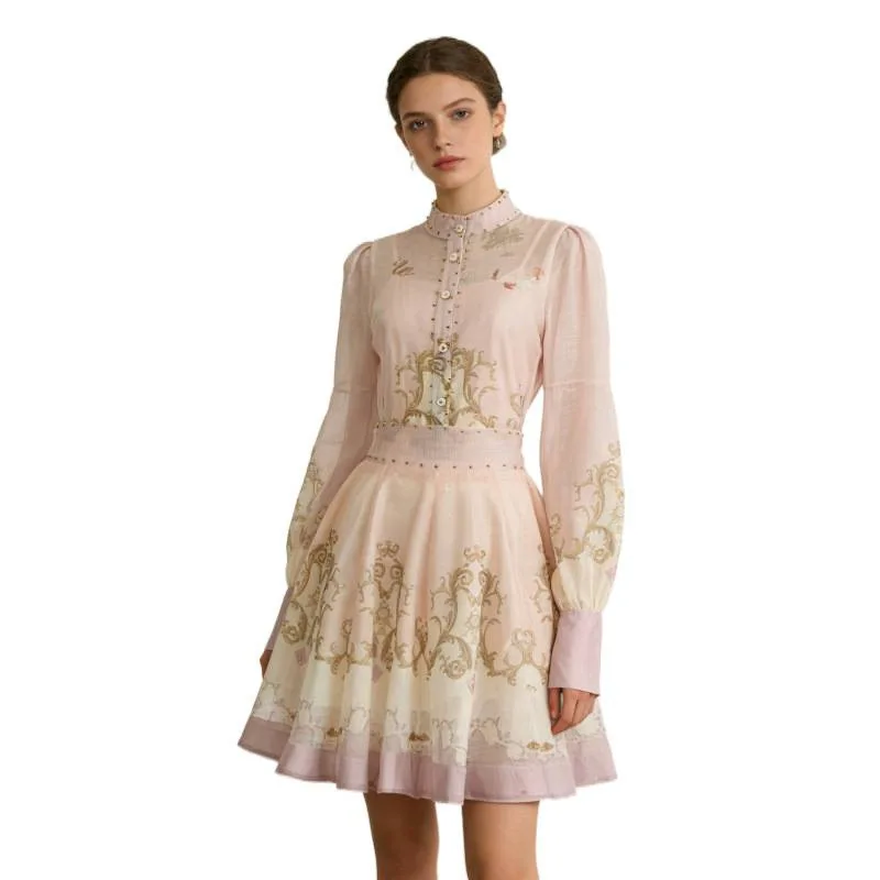 ชุดเดรสวินเทจลายพิมพ์ Ele แบบ 3 ชิ้น เสื้อแขนยาวปกพับกระโปรงทรงบานเอวสูง ผ้ากำมะหยี่