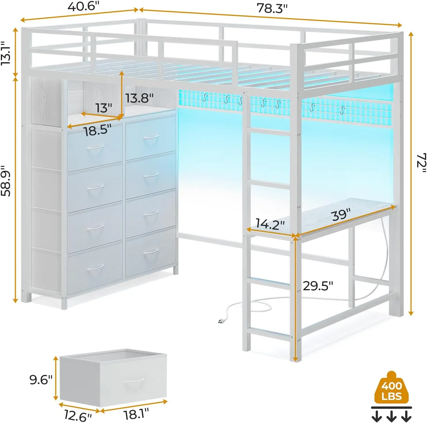 Twin Size Loft Bed for Kids, Metal, White, with Desk, 8 Storage Drawers, LED Lights, Charging Station and Safety Guard