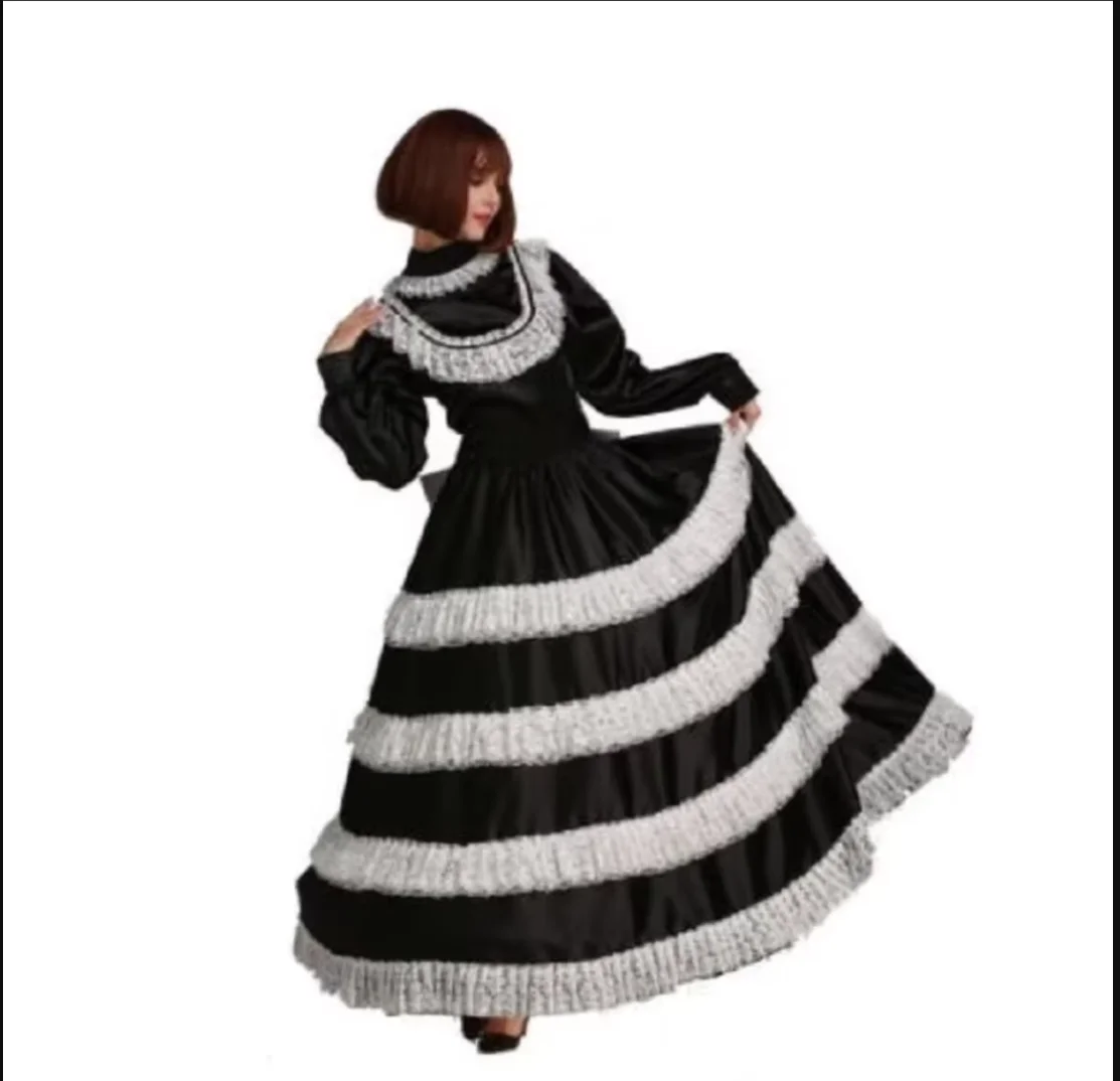 

Adult Maid Long Independent Apron Lace Long Servant Sissy Pink Long Tube Skirt Role-Playing Low Neck Bubble Sleeve Long Skirt