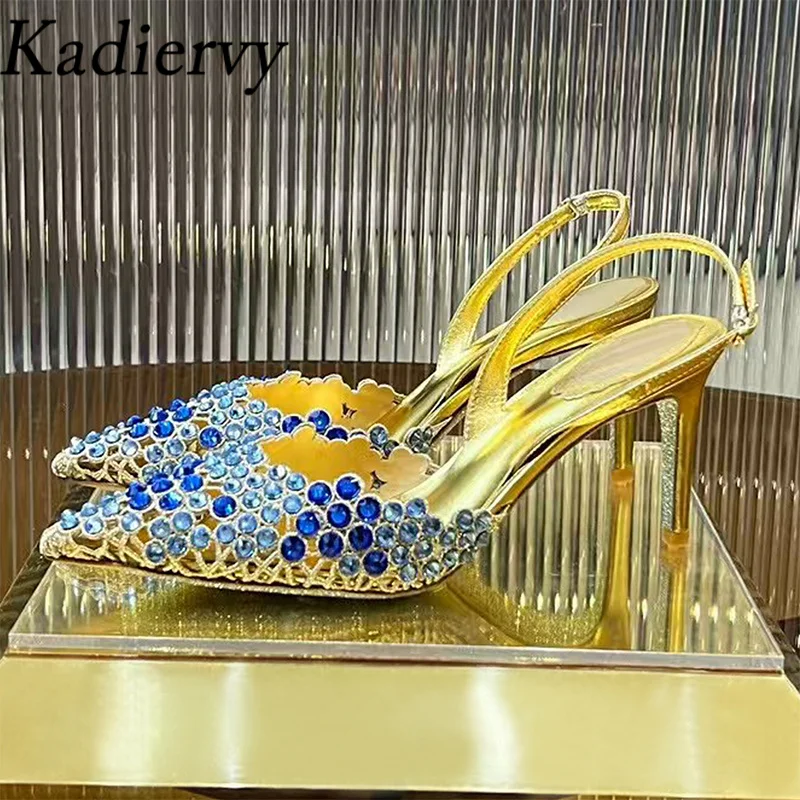 

Luxury Crystal Shoes Women Pointed Toe Hollow Outs Rhinestone Bling High Heels Party Wedding Shoes Summer Pumps Sandals Woman