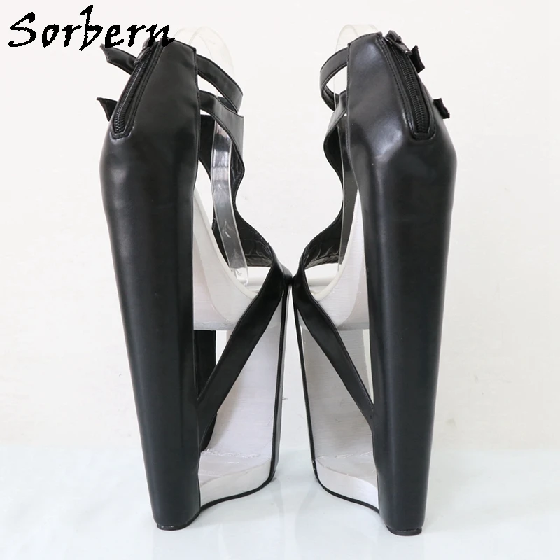 Sorbern 25cm Black Hollow Out Wedge Heel Sandals Ankle Strap T-strap Summer Shoes Fretwok Heels Sissy Boy Evening Party Footwear