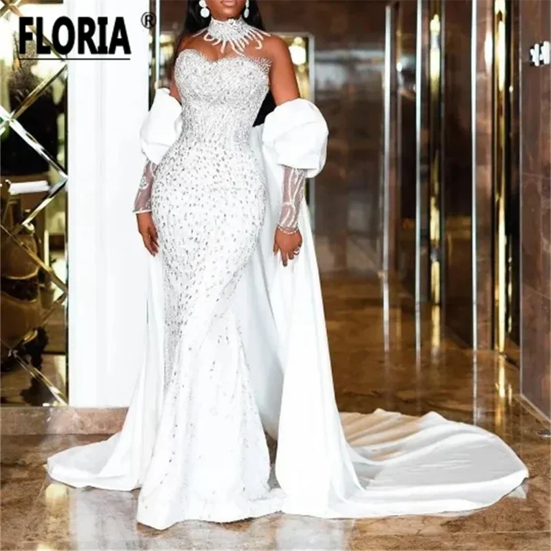 Elegante vestido de novia de sirena blanca con capa larga desmontable, cuentas pesadas de cristal, vestido de fiesta de Noche, Vestidos de ocasión de celebridades