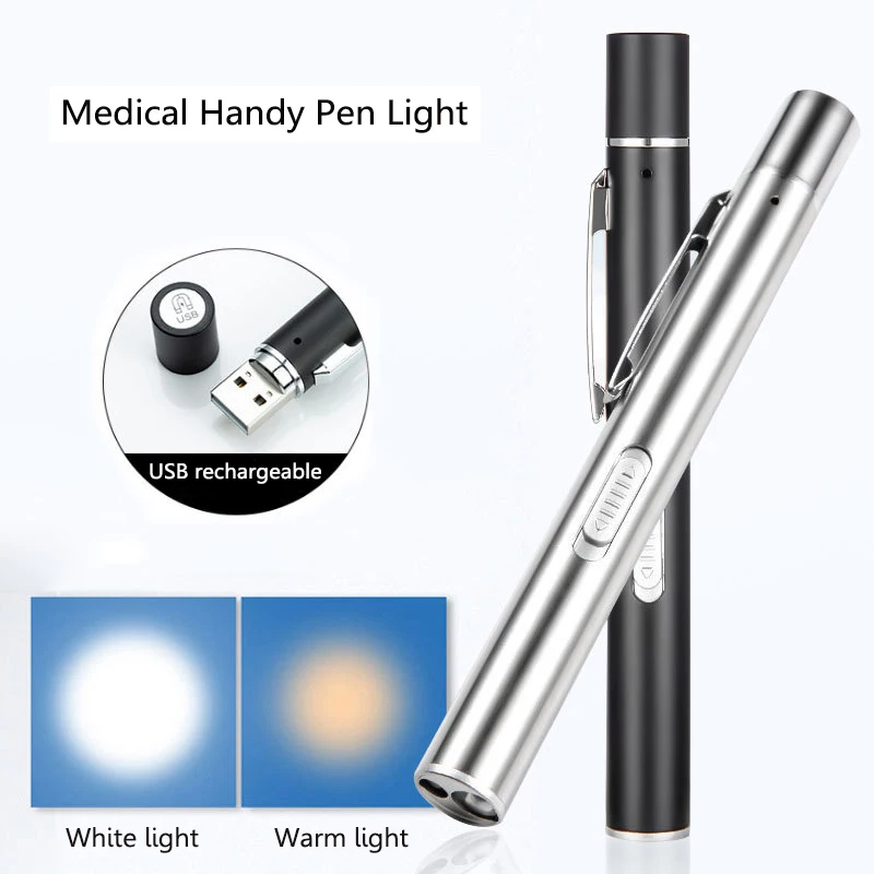 LED Flashlight Pen Light Medical Rechargeable Torch Flashlights With Dual Lamp Clip Pocket Stainless Steel For Nurse Doctor