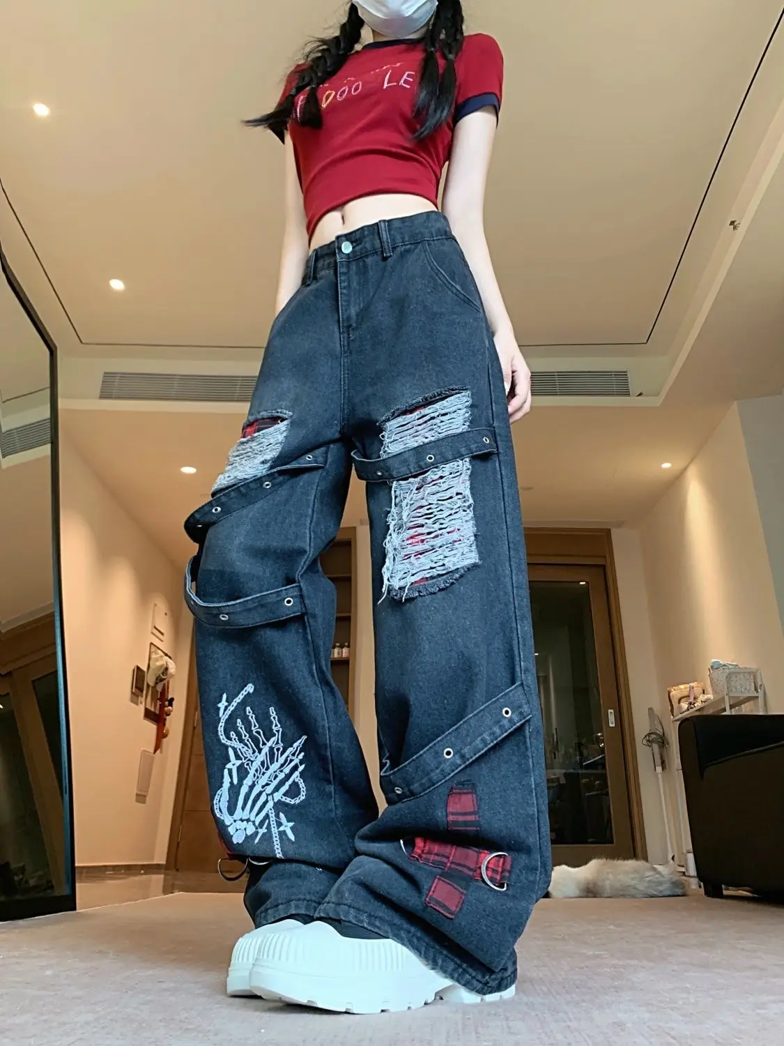 American Contrast Strap Ripped Work Jeans Women Summer New Style Niche Splicing Loose Slimming Wide-Leg Floor Trousers
