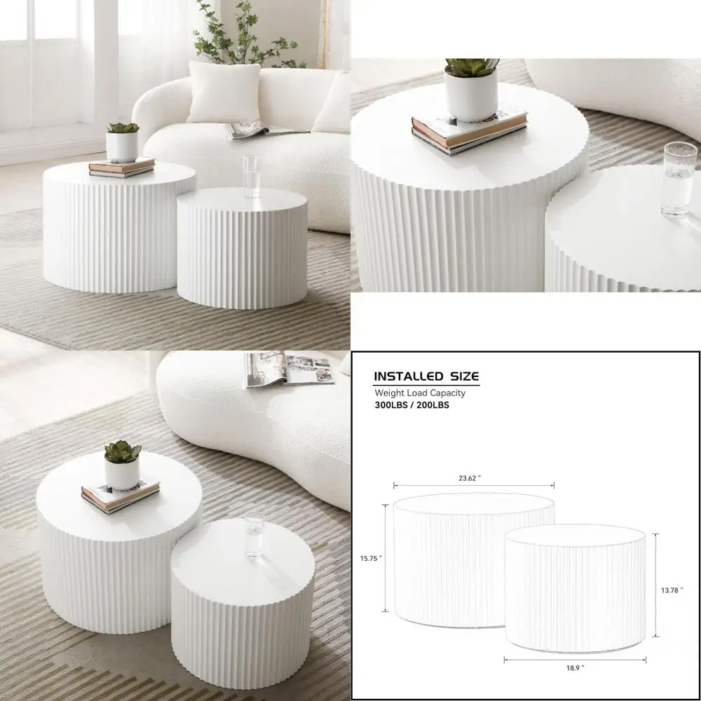 طاولات قهوة متداخلة باللون الأبيض الحديث مكونة من قطعتين - أثاث دائري لغرف المعيشة الصغيرة #1