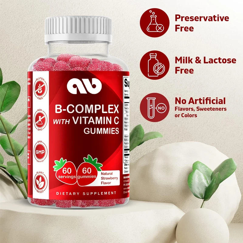 

Vitamin B complex gummies containing vitamin C and inositol - natural strawberry flavor -60 gummies