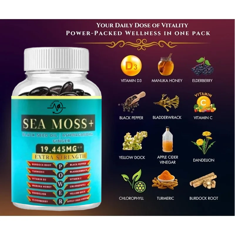 

Seaweed Capsule 7000mg, Containing Black Seed Oil, Turmeric, Elderberry, Swordfish, Ginger, Manuka, Vitamin C and D3, ACV
