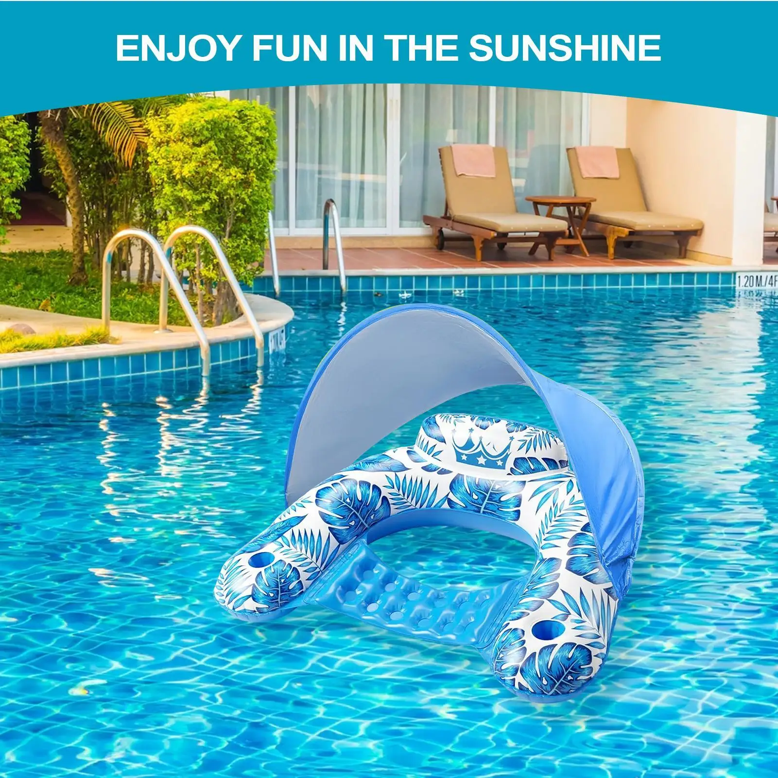 Flotteurs de piscine avec auvent couvert, radeau robuste avec support, flotteur d'eau pour la natation, la rivière, la plage, le bronzage en plein air