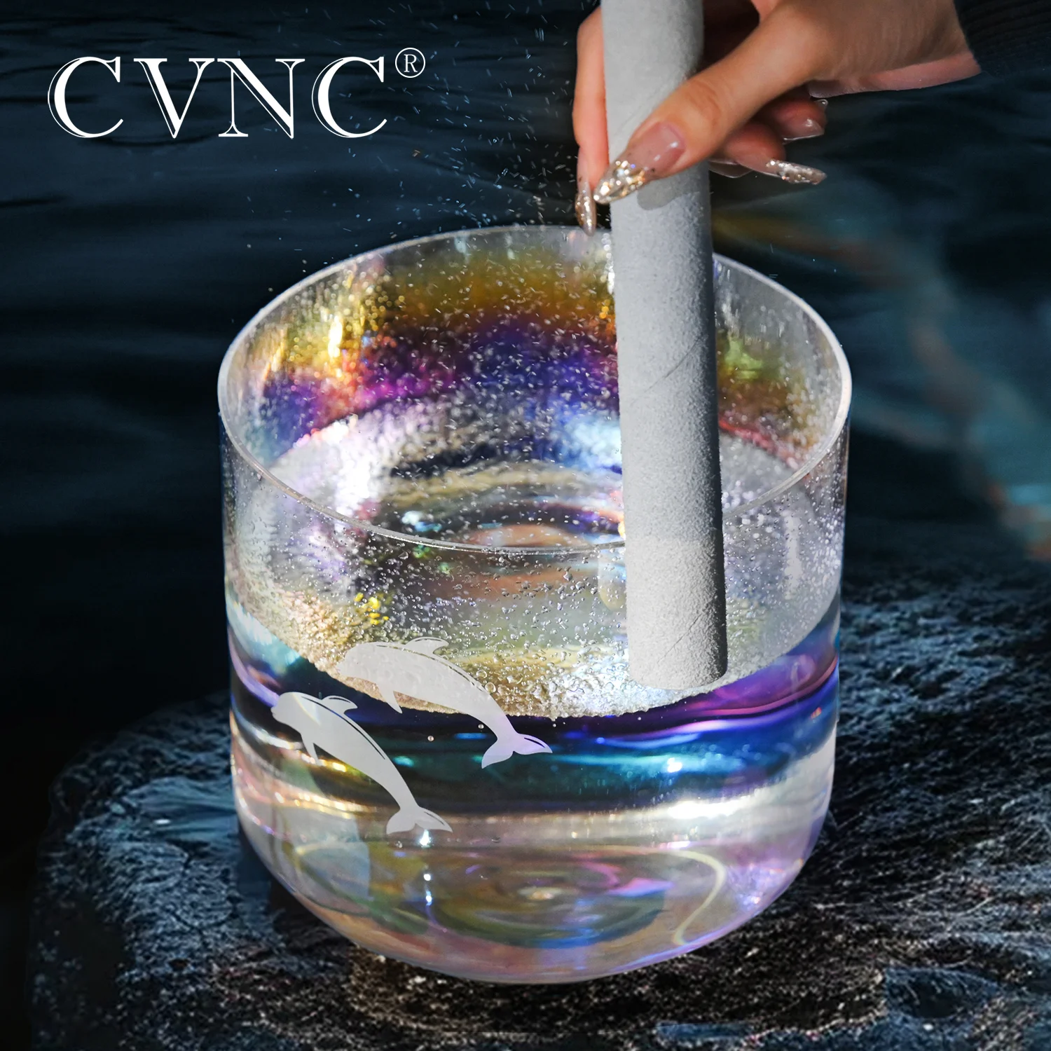 

CVNC 7 Inch Dolphin Cosmic Clear Alchemy Quartz Crystal Singing Bowl for Sound Healing instrument and Yoga with Mallet