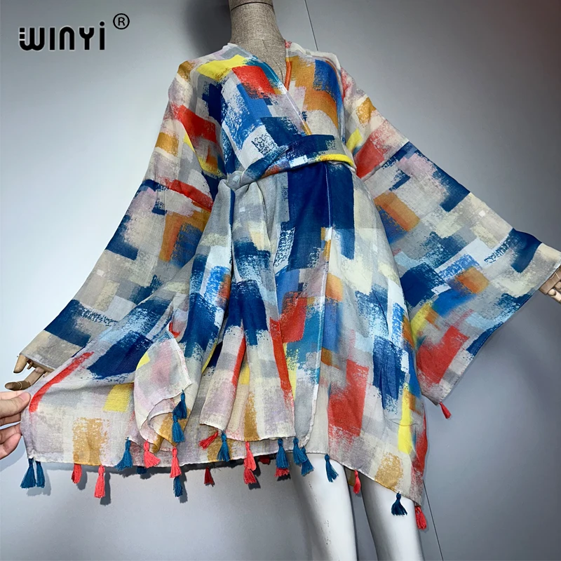 WINYI アフリカファッション 着物風ビーチウェア レディース 夏 ビーチカバーアップ カーディガン ステッチ セルフベルト ホリデー 長袖 プリントコート