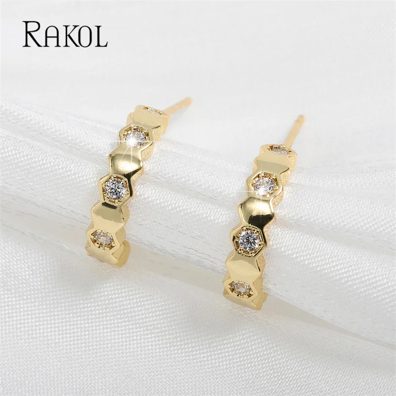 RAKOL Fashion Honeycomb Stud Earrings Shiny Zirconia C Shape Beehive Earring for Women Wedding Party Jewelry