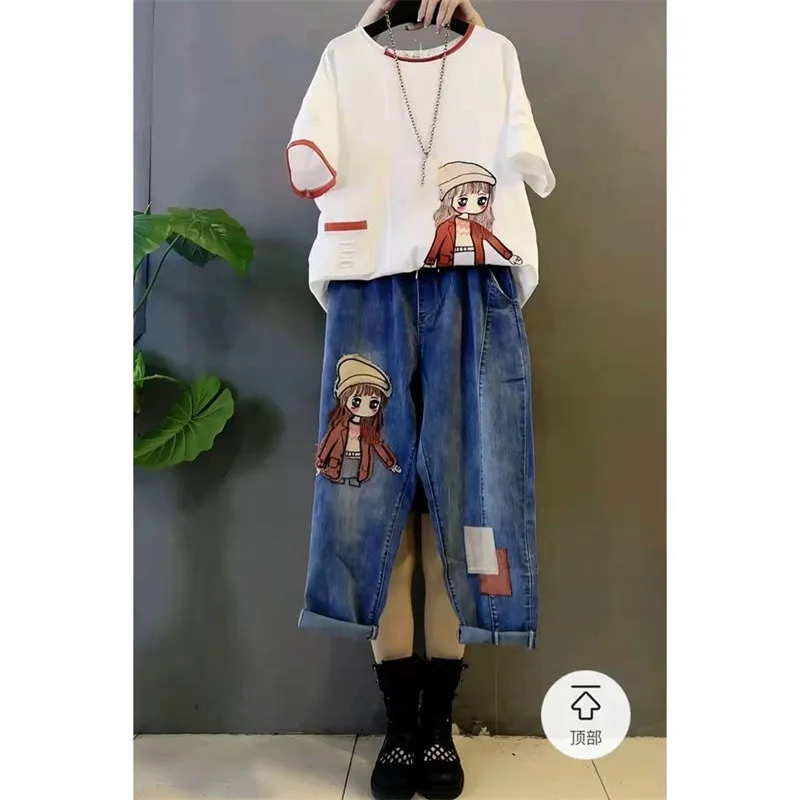 Single/Suit Women Age-Reducing Printed Short-Sleeved Jacket 2022 Summer Female New Thin Embroidered Nine Points Jeans Two-Piece