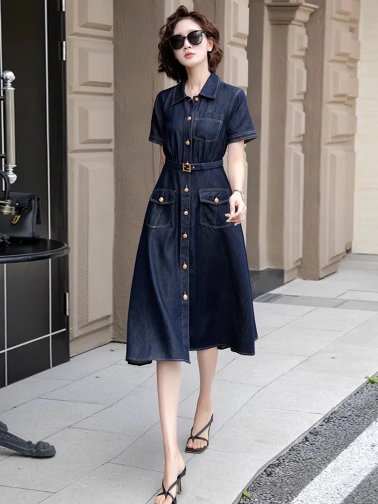 Novo Mulheres Verão Vestido jeans fino Moda Gola virada para baixo Peito único Cintura fina Vestido longo Simplicidade Casual Vestido de camisa