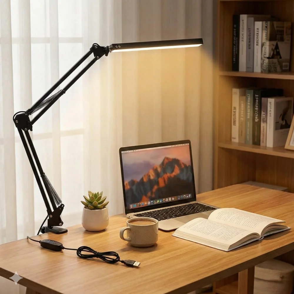 10W LED Desk Lamp with Clamp Swing Arm Eye-Caring Dimmable Desk Light 10 Brightness Levels 3 Modes USB Charging