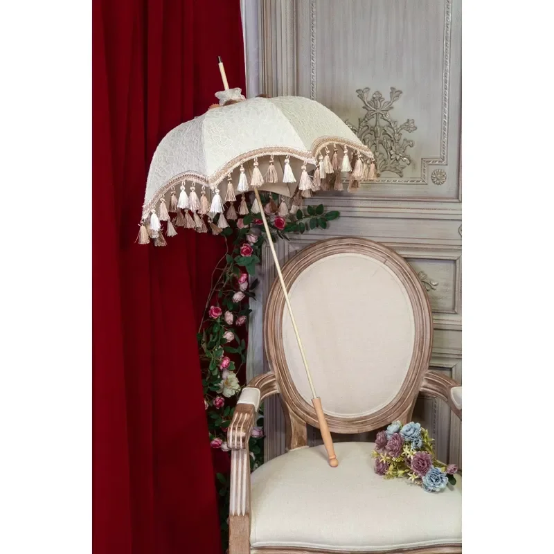 Vintage Lace Straight Umbrella Victorian Lolita Style Wedding Photography Prop Handmade Wood Handle Ruffle Edge Small Size